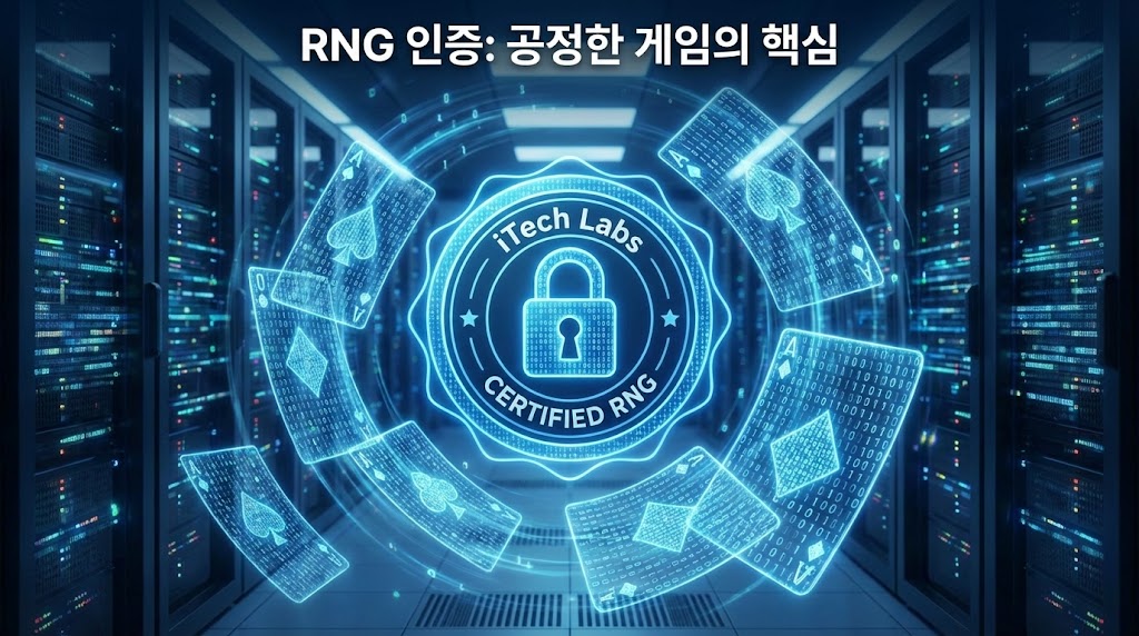 "보안 서버실을 배경으로 디지털 바이너리 코드로 된 포커 카드들이 'iTech Labs Certified RNG(아이테크 랩스 RNG 인증)' 보안 방패 마크를 감싸고 있는 '공정한 게임의 핵심' 대표 이미지"