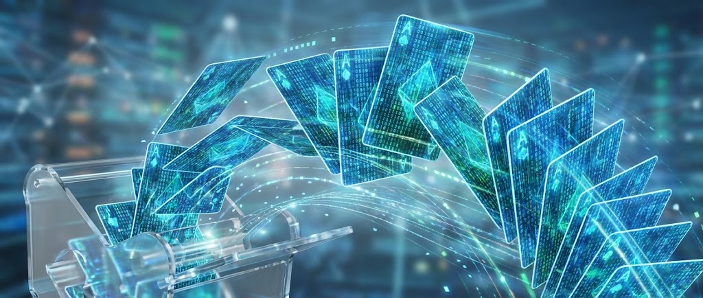 "0과 1의 청록색 디지털 데이터 코드로 이루어진 가상의 트럼프 카드가 고속으로 셔플링(Shuffling) 되며 예측 불가능한 난수를 생성하는 과정을 시각화한 와이드 배너 이미지"