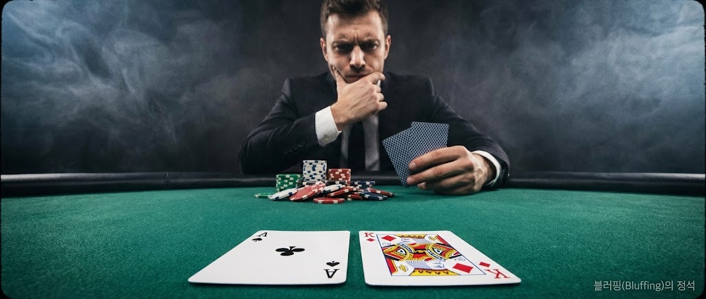 "포커 테이블 보드에 깔린 A(에이스)와 K(킹) 카드를 보고 자신의 핸드와 비교하며 심각하게 고민(Tanking)하는 상대방 플레이어의 시점 샷"