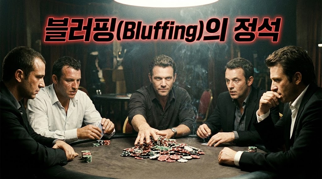 "어두운 포커룸에서 칩을 테이블 중앙으로 밀어 넣으며 강력한 블러핑(Bluffing)을 시도하는 남성의 실사 이미지와 '블러핑의 정석' 타이틀 텍스트"