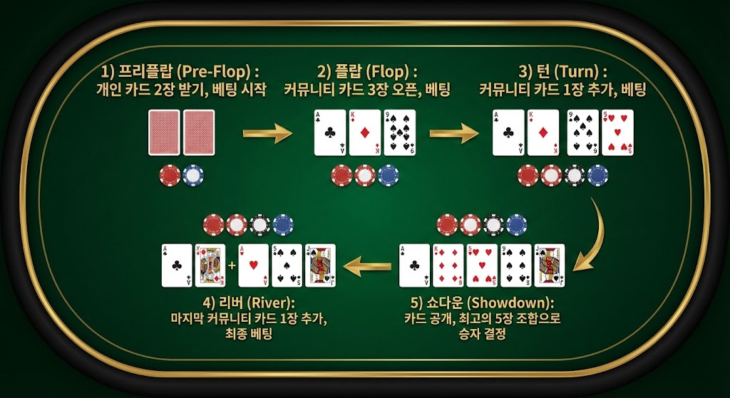 텍사스 홀덤 스타팅 핸드 전략을 상징하는 이미지. 플레이어가 황금빛으로 빛나는 최고의 프리미엄 핸드 AA(포켓 에이스)를 쥐고 있고, 그 옆에는 'TRASH: FOLD' 문구와 함께 버려진 낮은 패들이 대비되어 있다. "TIER 1: PREM 홀덤 스타팅 핸드" 네온사인이 전략적 중요성을 강조한다.