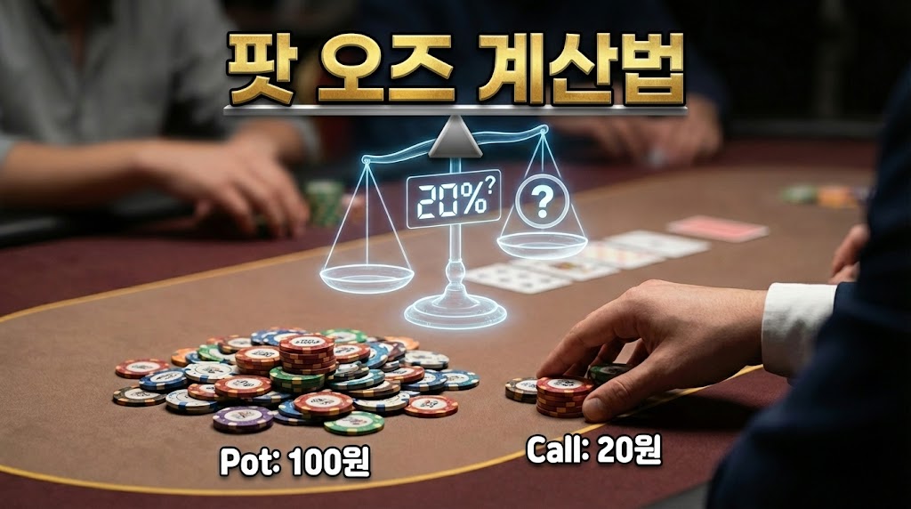 "텍사스 홀덤 팟 오즈(Pot Odds) 계산법 텍스트가 저울 형태로 디자인되어 팟 금액(100원)과 콜 금액(20원)의 비율을 비교하는 베팅 전략 대표 이미지"