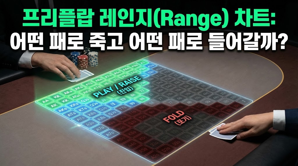 "텍사스 홀덤 프리플랍 레인지 차트 그리드 위에서 강한 핸드(플레이/레이즈, 녹색)와 약한 핸드(폴드, 적색) 영역을 구분하여 보여주는 전략 가이드 대표 이미지"