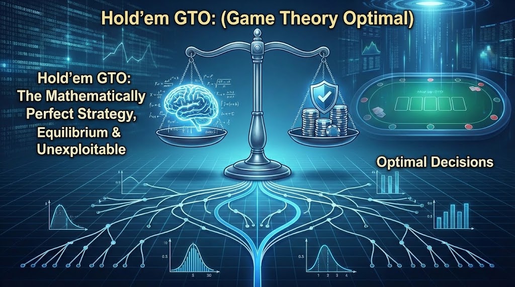 "'Hold'em GTO: (Game Theory Optimal)' 타이틀과 '수학적으로 완벽한 전략, 균형 & 착취 불가능(The Mathematically Perfect Strategy, Equilibrium & Unexploitable)'이라는 설명이 포함된 인포그래픽. 뇌와 방패/코인이 균형을 이룬 저울 아래로 복잡한 의사결정 나무가 '최적의 결정(Optimal Decisions)'으로 수렴하는 과정을 보여주는 디지털 이미지"