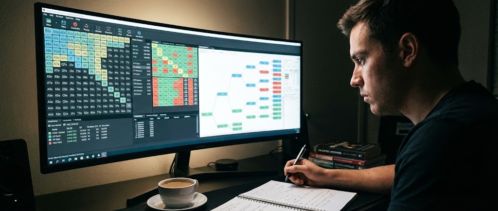 "어두운 방에서 대형 와이드 모니터에 띄워진 복잡한 포커 솔버(Solver) 프로그램 화면(핸드 범위 그리드, EV 계산, 의사결정 트리)을 집중해서 분석하며 노트에 필기하고 있는 남성의 모습을 담은 와이드 배너 사진"