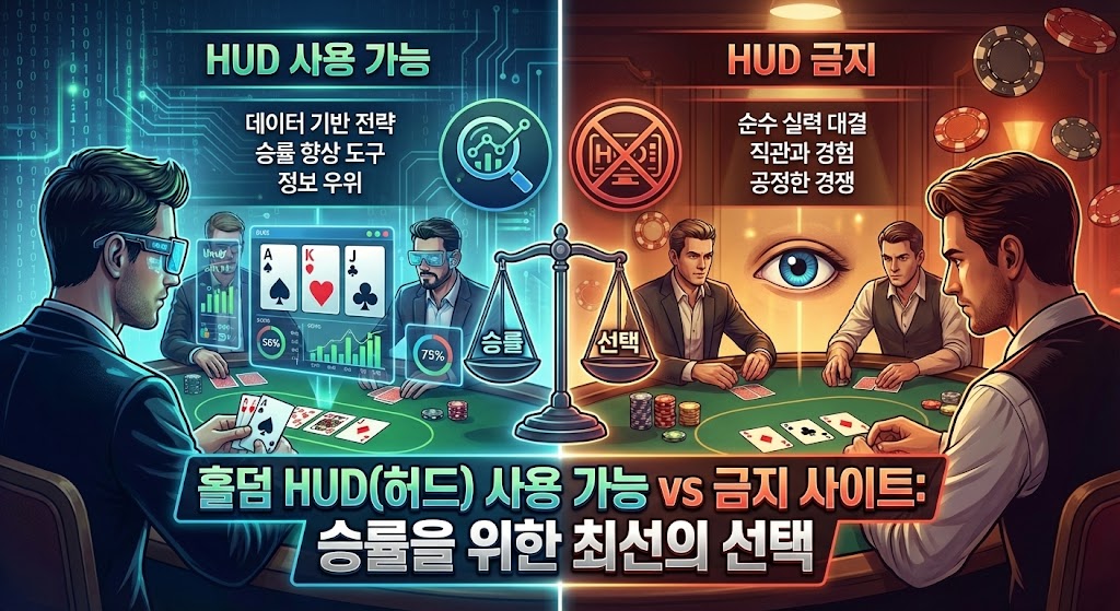 홀덤 HUD(허드) 사용 가능 사이트와 금지 사이트의 전략적 차이와 승률을 비교하는 인포그래픽입니다. 왼쪽 'HUD 사용 가능' 영역은 데이터 기반 전략과 정보 우위를, 오른쪽 'HUD 금지' 영역은 순수 실력과 직관 대결을 상징하는 일러스트와 텍스트로 구성되어 있습니다.
