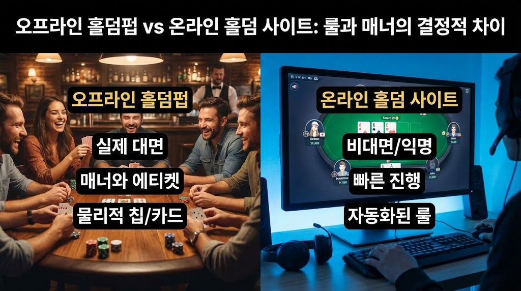 "오프라인 홀덤펍의 대면 플레이와 온라인 홀덤 사이트의 비대면 플레이 환경, 룰, 매너의 결정적 차이를 비교한 대표 이미지"