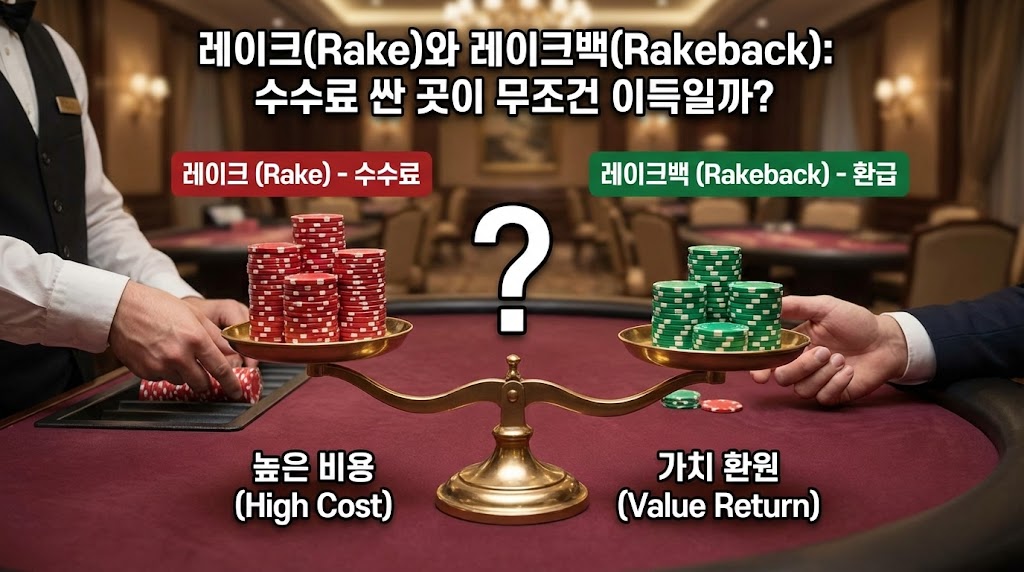 "'레이크(Rake)와 레이크백(Rakeback): 수수료 싼 곳이 무조건 이득일까?' 타이틀의 비교 분석 이미지. 테이블 위 황금 저울의 좌측에는 붉은색 '레이크(높은 비용/High Cost)' 칩이, 우측에는 초록색 '레이크백(가치 환원/Value Return)' 칩이 놓여 있어 수수료와 환급금 사이의 손익 균형을 시각적으로 질문함"