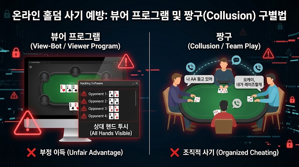 "'온라인 홀덤 사기 예방: 뷰어 프로그램 및 짱구(Collusion) 구별법' 타이틀의 인포그래픽. 좌측은 해킹 소프트웨어로 상대 핸드를 투시하는 '뷰어 프로그램'의 부정 이득 화면, 우측은 여러 명이 메신저로 정보를 공유하며 팀 플레이를 하는 '짱구(Collusion)'의 조직적 사기 모습을 비교하여 경고 표시와 함께 보여줌"