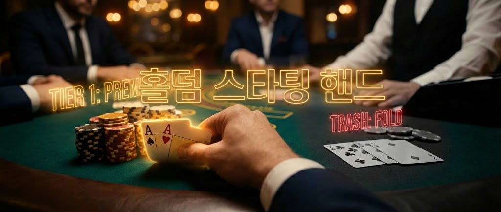 텍사스 홀덤 스타팅 핸드 가이드 대표 이미지. 황금빛으로 빛나는 프리미엄 핸드 AA(포켓 에이스)와 흐릿하게 버려진 트래시 핸드(7-2)가 테이블 위에 대비되어 있는 모습.