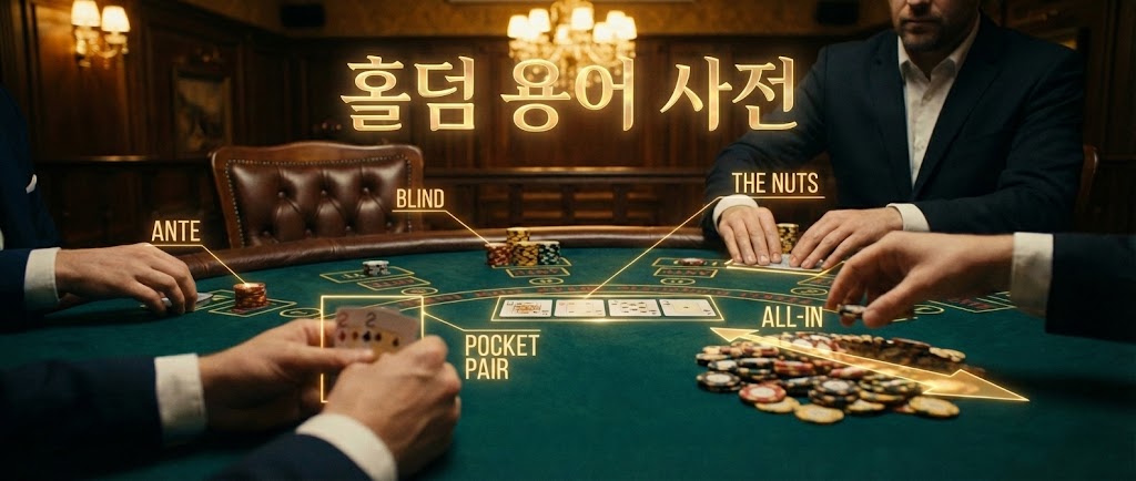 텍사스 홀덤 포커 용어 사전 인포그래픽 이미지. 앤티(Ante), 블라인드(Blind), 포켓 페어(Pocket Pair), 더 넛츠(The Nuts), 올인(All-in) 등 주요 홀덤 용어를 게임 장면과 함께 시각적으로 설명하고 있습니다.