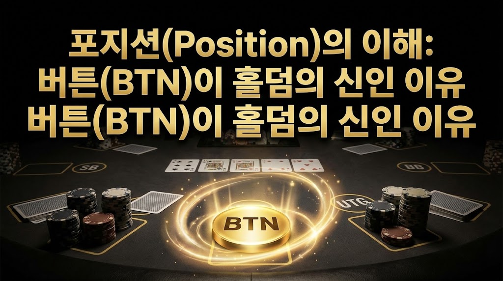 "텍사스 홀덤 포지션 전략 중 가장 강력한 권력을 가진 딜러 버튼(BTN)이 황금빛으로 빛나는 모습을 표현한 대표 이미지"