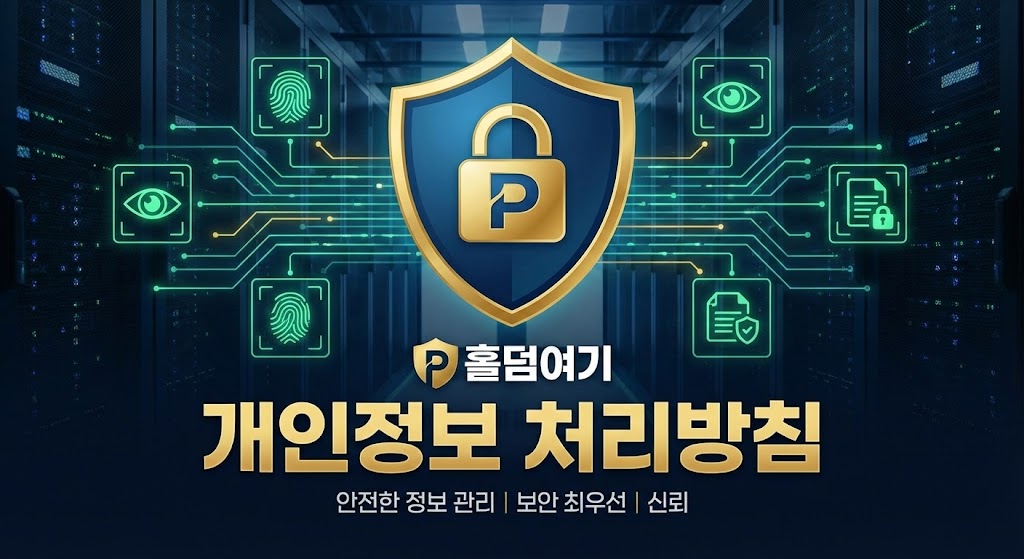 '홀덤여기' 로고와 '개인정보 처리방침'이라는 큰 타이틀이 적힌 보안 이미지. 중앙에는 정보 보호를 상징하는 금색 방패와 자물쇠 아이콘이 있고, 배경에는 지문 인식, 홍채 인식 등 디지털 보안 기술을 나타내는 그래픽이 연결되어 있습니다. 안전한 홀덤사이트 이용을 위한 철저한 보안 시스템을 시각화했습니다.