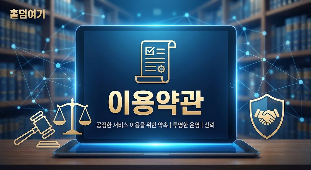 '홀덤여기' 로고와 '이용약관'이라는 큰 타이틀이 태블릿 화면에 표시된 이미지입니다. 하단에는 '공정한 서비스 이용을 위한 약속 | 투명한 운영 | 신뢰'라는 문구가 있으며, 좌측에는 법봉과 저울, 우측에는 악수하는 방패 아이콘이 있어 법적 공정성과 상호 신뢰를 상징합니다. 배경은 디지털 네트워크로 연결된 도서관 모습입니다.