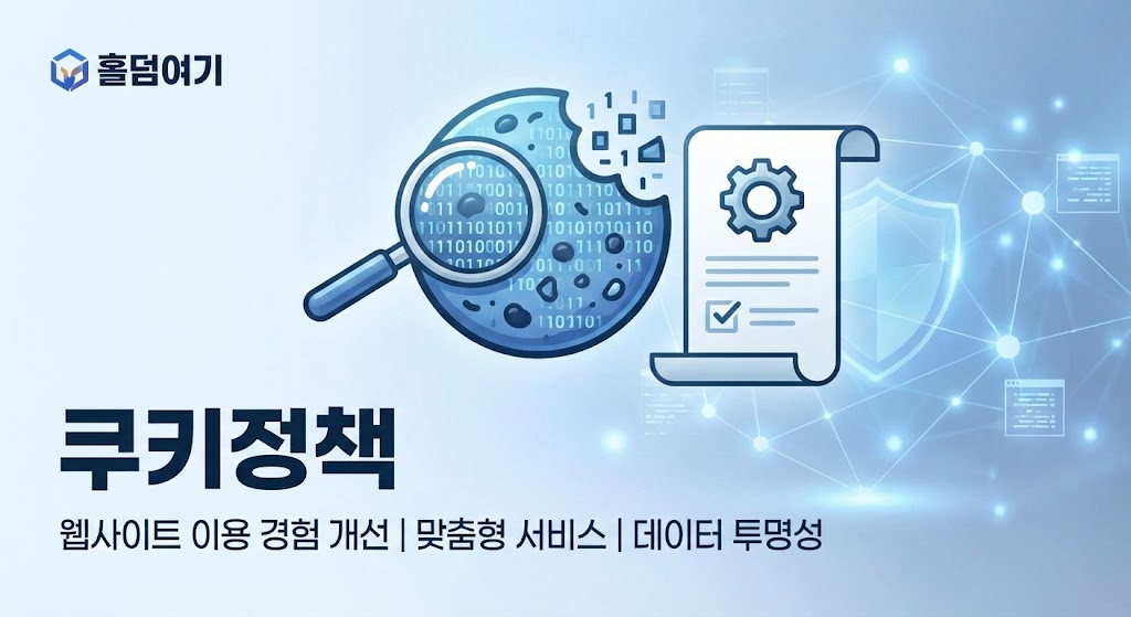 '홀덤여기' 로고와 '쿠키정책'이라는 큰 타이틀이 적힌 배너 이미지. 디지털 데이터(0과 1)로 구성된 파란색 쿠키를 돋보기로 분석하는 일러스트와 설정(Gear) 아이콘이 있는 문서가 배치되어 있습니다. 하단에는 '웹사이트 이용 경험 개선', '맞춤형 서비스', '데이터 투명성'이라는 문구가 있어 쿠키 수집의 목적을 명확히 합니다.