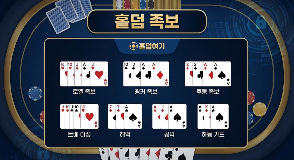 '홀덤여기' 브랜드 로고와 '홀덤 족보'라는 타이틀이 적힌 교육용 차트 이미지. 어두운 네이비색 배경 위에 텍사스 홀덤의 주요 핸드인 로얄 스트레이트 플러시, 포카드, 풀하우스, 플러시 등의 카드 조합 예시가 일러스트로 정리되어 있어 포커 순위를 한눈에 파악할 수 있습니다.