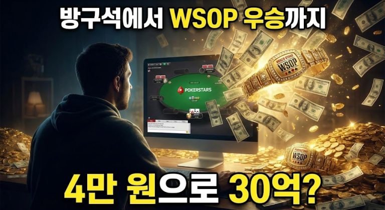 어두운 방 안에서 온라인 포커를 플레이하는 남자의 모니터 화면에서 엄청난 양의 달러 지폐와 금화, WSOP 우승 팔찌가 현실로 쏟아져 나오는 일러스트. 상단에는 "방구석에서 WSOP 우승까지", 하단에는 "4만 원으로 30억?"이라는 문구가 있어 소액으로 거액의 상금을 획득하는 온라인 포커의 성공 신화를 시각화하고 있다.