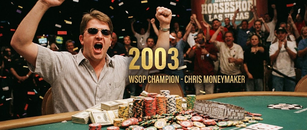 2003년 WSOP 메인 이벤트에서 우승한 크리스 머니메이커(Chris Moneymaker)가 선글라스를 낀 채 두 주먹을 불끈 쥐고 환호하는 실제 현장 사진. 테이블 위에는 엄청난 양의 현금 다발과 다이아몬드가 박힌 우승 팔찌가 놓여 있으며, 배경에는 환호하는 관중들과 "2003 WSOP CHAMPION" 텍스트가 적혀 있다.