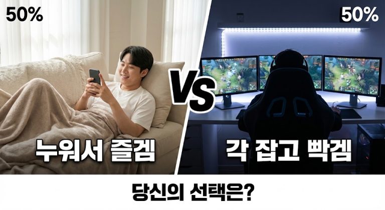 왼쪽(50%)은 소파에 편안하게 누워 웃으며 스마트폰 게임을 하는 남자와 "누워서 즐겜" 텍스트가, 오른쪽(50%)은 어두운 방에서 게이밍 의자에 앉아 멀티 모니터로 PC 게임에 집중하는 뒷모습과 "각 잡고 빡겜" 텍스트가 대비된 분할 이미지. 중앙의 VS 마크와 하단의 "당신의 선택은?" 문구를 통해 캐주얼 모바일 게이밍과 하드코어 PC 게이밍 스타일을 비교하고 있다.