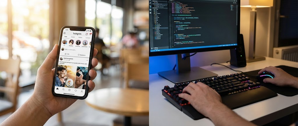 쪽은 밝은 카페에서 스마트폰을 든 손(모바일 홀덤 플레이 비유)을, 오른쪽은 어두운 방에서 게이밍 키보드와 마우스를 사용하는 손(PC 게임 플레이 비유)을 대비시켜 보여주는 분할 사진. 장소에 구애받지 않는 모바일 환경과 집중도 높은 PC 데스크톱 환경의 차이를 시각적으로 묘사하고 있다.