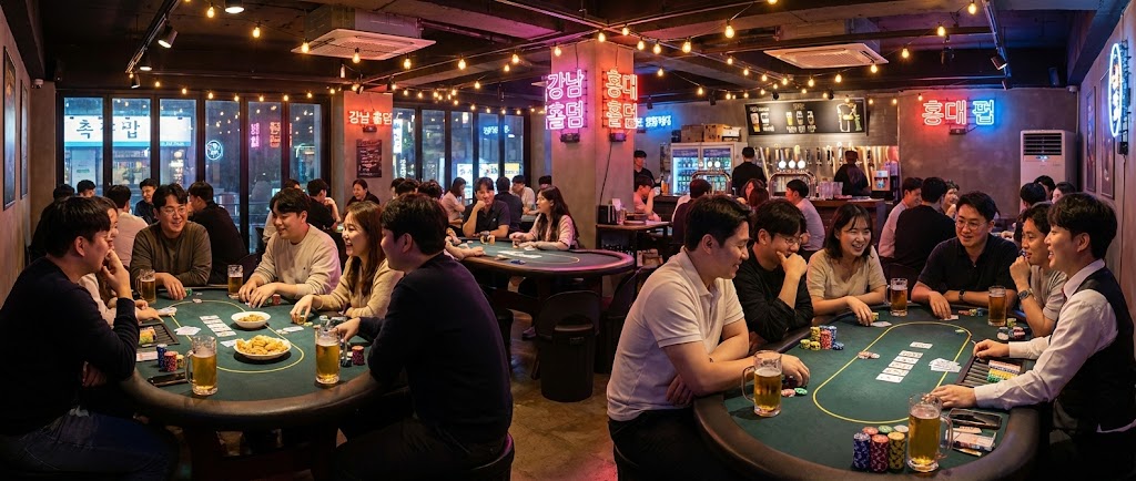 강남과 홍대에서 유행하는 홀덤펍의 활기찬 내부 전경. 네온사인이 빛나는 세련된 인테리어 속에서 젊은 남녀들이 맥주와 안주를 즐기며 건전하게 텍사스 홀덤 카드 게임을 플레이하고 있다. 친구 모임이나 이색 데이트 장소로 적합한 캐주얼한 분위기를 보여준다.