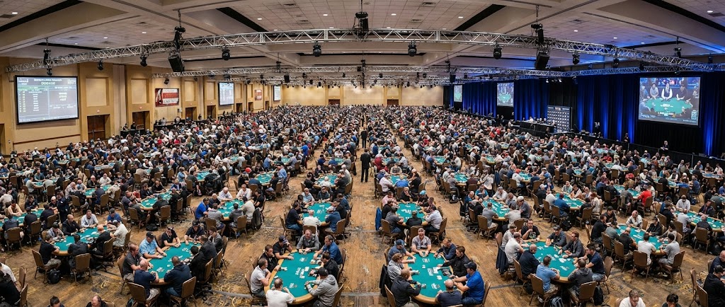 KMGM 및 WFP 주관 역대급 규모의 전국 홀덤 토너먼트 대회장 전경. 넓은 컨벤션 홀을 가득 메운 수백 개의 테이블에서 수천 명의 참가자가 동시에 포커 게임에 집중하고 있다.