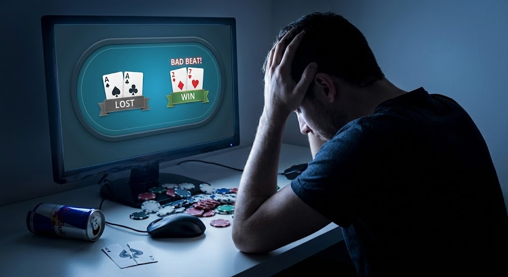 온라인 포커에서 'AA' 포켓 에이스가 '27' 오프수트에게 패배하는 '배드빗(Bad Beat)'을 당해 머리를 감싸 쥐고 절망하는 플레이어의 모습. 책상 위에는 찢어진 에이스 카드와 엎어진 칩들이 어지럽게 놓여 있다.