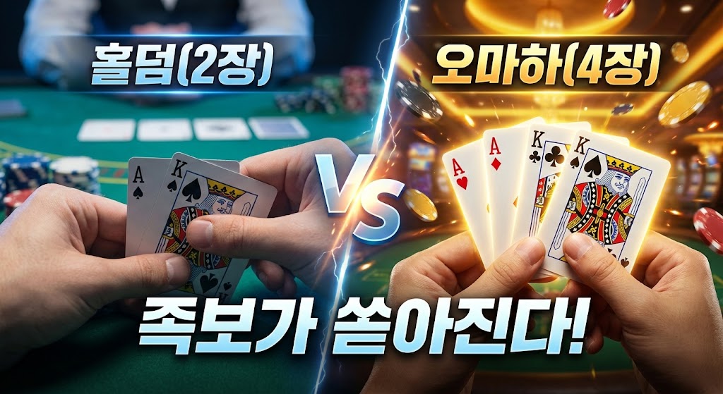 텍사스 홀덤의 핸드 2장과 오마하 포커의 핸드 4장을 비교하는 대결 구도의 썸네일 이미지. 중앙의 'VS' 문구와 함께 왼쪽은 차분한 분위기의 홀덤, 오른쪽은 화려한 금색 빛이 나는 오마하를 대조적으로 보여주며 '족보가 쏟아진다'는 텍스트가 강조되어 있다.