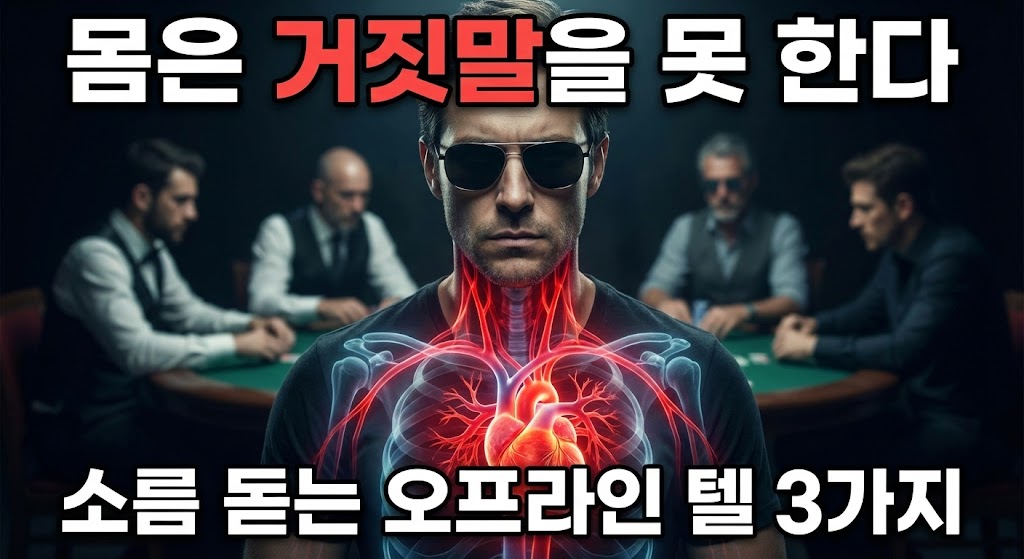 어두운 포커룸에서 선글라스를 낀 남자의 포커페이스 뒤로 붉게 빛나는 심장과 핏줄이 X-Ray 효과로 드러난 썸네일 이미지. 상단에는 "몸은 거짓말을 못 한다", 하단에는 "소름 돋는 오프라인 텔 3가지"라는 텍스트가 있어 포커 심리전과 신체적 반응(텔)을 다루는 콘텐츠임을 명시함.