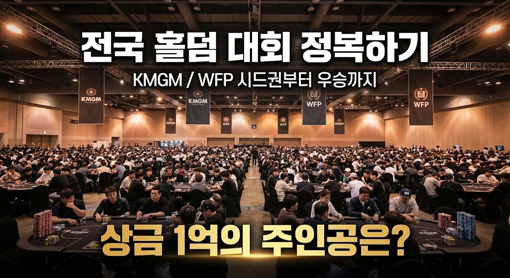 KMGM과 WFP가 주관하는 대규모 전국 홀덤 대회 컨벤션 센터 전경. 수백 명의 플레이어가 테이블에 앉아 경기를 진행 중이며, 천장에는 KMGM, WFP 로고 현수막이 걸려 있습니다. 이미지 하단에는 '상금 1억의 주인공은?'이라는 문구가 강조되어 있습니다.