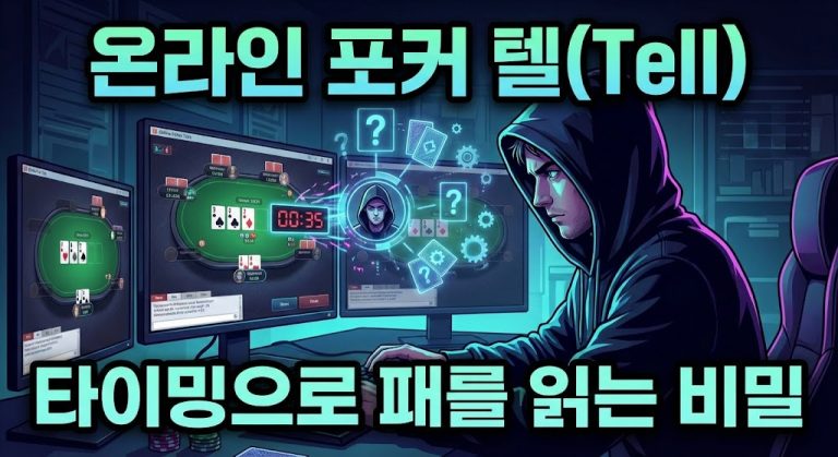 후드를 쓴 플레이어가 다중 모니터로 온라인 포커를 하며, 타이머와 분석 아이콘을 통해 상대방의 타이밍 텔을 분석하고 패를 예측하는 모습을 표현한 일러스트 이미지.