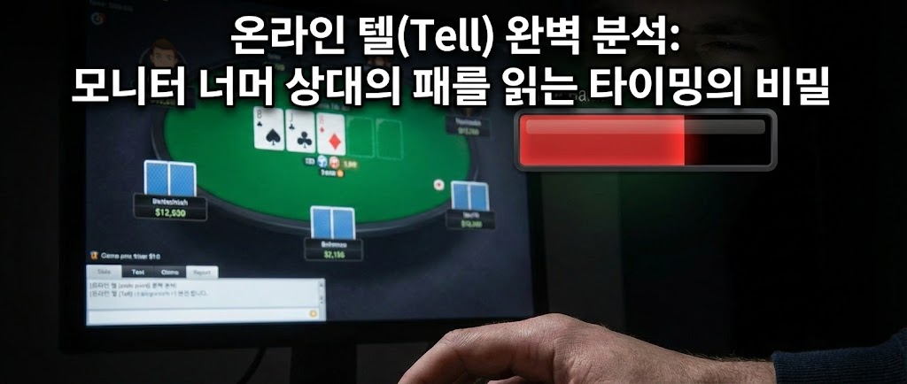 온라인 포커 게임 중 줄어드는 타임 뱅크 게이지와 마우스를 쥔 손을 보여주며, 상대의 반응 타이밍을 분석하는 '온라인 텔(Tell)' 기술을 설명하는 이미지 배너.