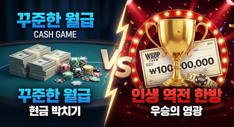 왼쪽에는 '꾸준한 월급 CASH GAME'이라는 한글 텍스트와 현금 다발, 칩이 있고, 오른쪽에는 '인생 역전 한방 TOURNAMENT'라는 한글 텍스트와 WSOP 팔찌, 금색 트로피, 1억 원(₩100,000,000) 상금 수표가 있는 대비 이미지. 중앙에는 'VS' 문구와 번개 효과가 있다.