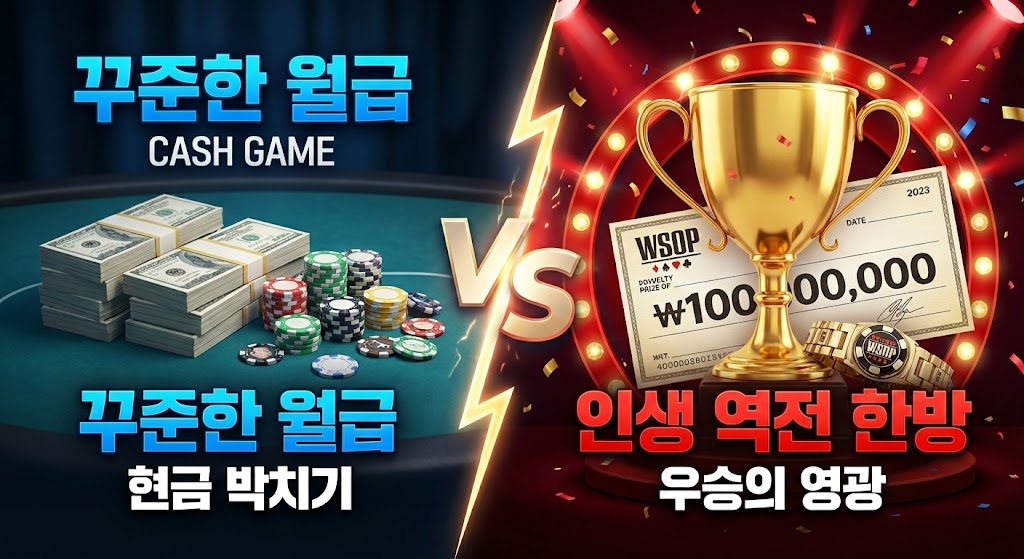 왼쪽에는 '꾸준한 월급 CASH GAME'이라는 한글 텍스트와 현금 다발, 칩이 있고, 오른쪽에는 '인생 역전 한방 TOURNAMENT'라는 한글 텍스트와 WSOP 팔찌, 금색 트로피, 1억 원(₩100,000,000) 상금 수표가 있는 대비 이미지. 중앙에는 'VS' 문구와 번개 효과가 있다.
