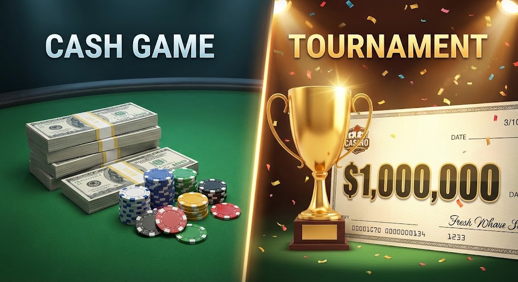 왼쪽에는 'CASH GAME'이라는 글자와 함께 현금 다발과 카지노 칩이 쌓여 있고, 오른쪽에는 'TOURNAMENT'라는 글자와 금색 트로피, 100만 달러($1,000,000) 상금 수표가 놓여 있는 대비 이미지. 포커 게임의 두 가지 방식을 시각적으로 비교하고 있다.