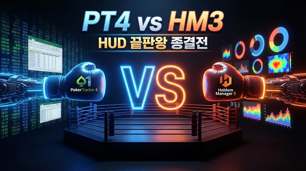 미래형 복싱 링에서 PokerTracker 4 로고가 새겨진 파란색 로봇 글러브와 Holdem Manager 3 로고가 새겨진 붉은색 로봇 글러브가 맞붙는 컨셉 이미지. 상단에는 'PT4 vs HM3', 하단에는 'HUD 끝판왕 종결전'이라는 텍스트가 빛나고 있다.