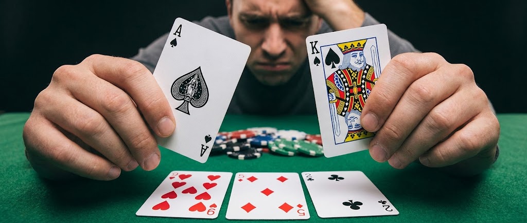 텍사스 홀덤 플레이어 1인칭 시점의 와이드 배너 이미지. 자신의 손에 강력한 에이스 스페이드(A♠)와 킹 스페이드(K♠) 카드가 들려있지만, 테이블 중앙 보드에는 9♥, 5♦, 2♣ 등 서로 연관 없는 낮은 숫자의 카드만 깔려 있어, 배경의 플레이어가 이마를 짚고 난감해하는 표정을 짓고 있다.