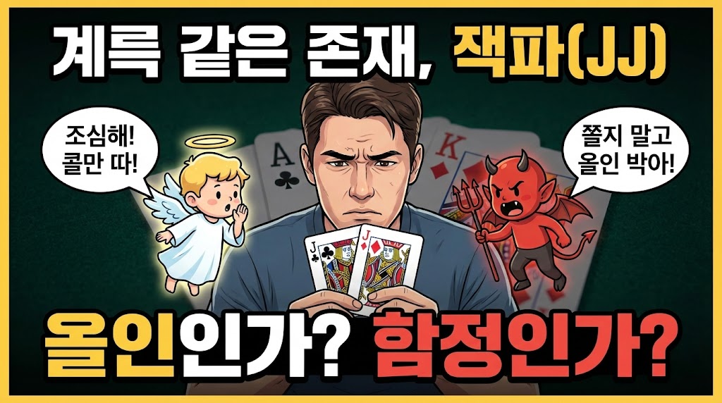 포커에서 잭 페어(JJ)를 든 플레이어가 '콜만 따'라고 조언하는 천사와 '올인 박아'라고 부추기는 악마 사이에서 갈등하는 모습을 담은 유튜브 썸네일 일러스트. 상단에는 "계륵 같은 존재, 잭파(JJ)", 하단에는 "올인인가? 함정인가?"라는 문구가 적혀 있다.