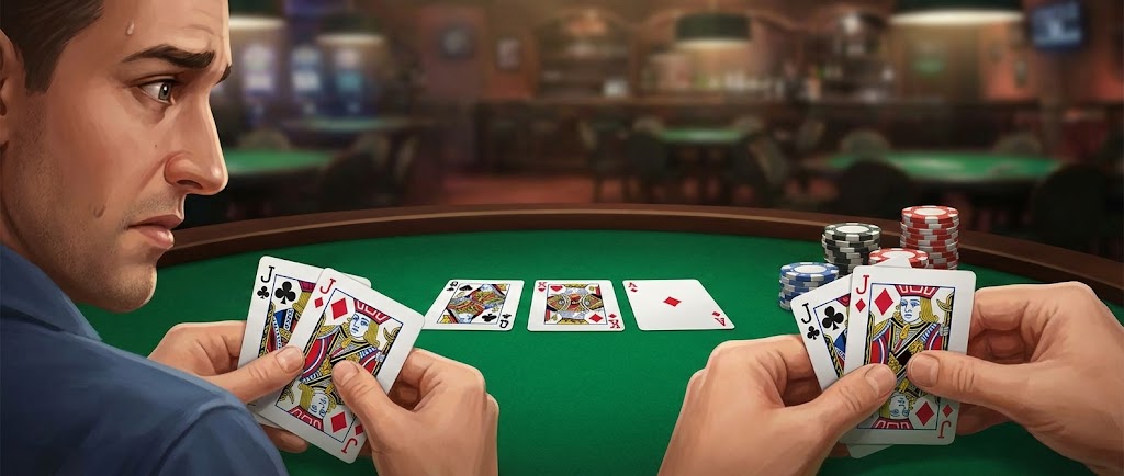 포커 테이블에서 잭 페어(J♣, J♦)를 든 플레이어가 퀸(Q), 킹(K), 에이스(A)가 깔린 위험한 보드를 보며 식은땀을 흘리고 있는 모습