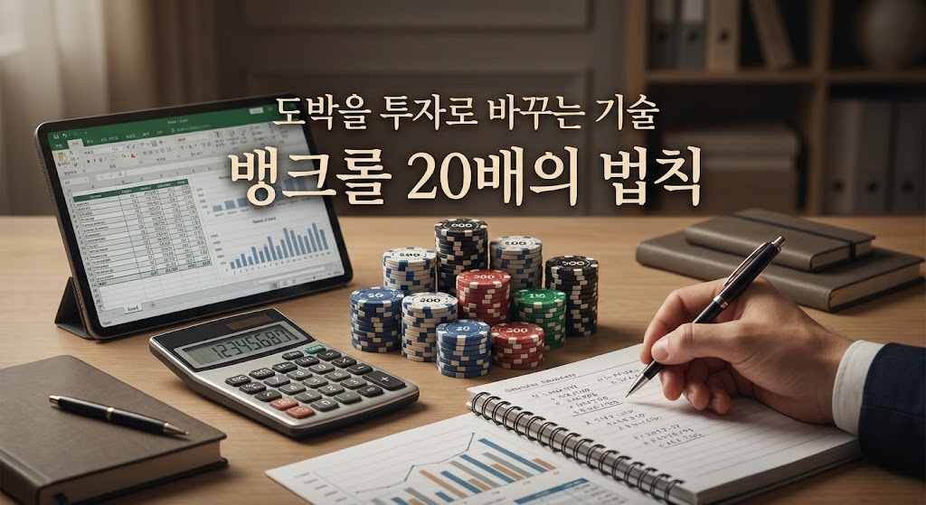 엑셀 데이터가 띄워진 태블릿, 계산기, 포커 칩, 그리고 노트에 펜으로 무언가를 적고 있는 손이 있는 책상 위에 "도박을 투자로 바꾸는 기술 뱅크롤 20배의 법칙" 문구가 있는 배너 이미지.