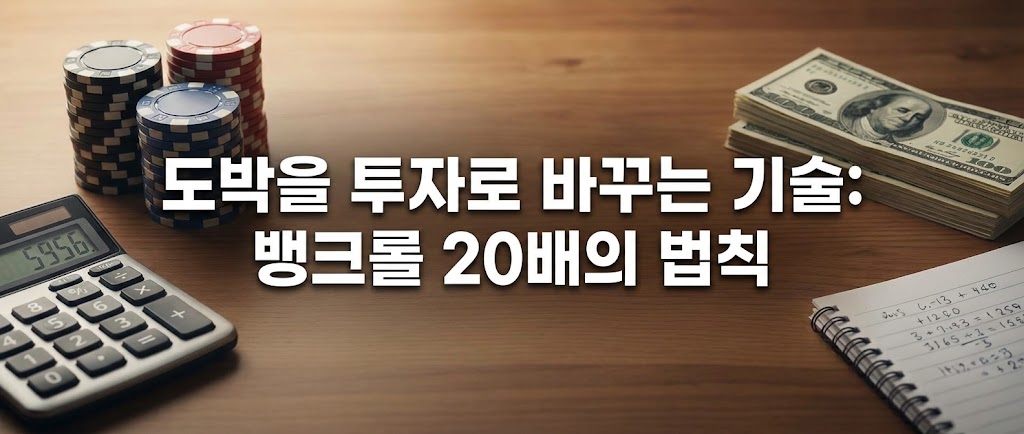 포커 칩 스택, 현금 다발, 계산기, 필기 내용이 담긴 수첩이 놓인 책상 위에 "도박을 투자로 바꾸는 기술: 뱅크롤 20배의 법칙"이라는 문구가 적힌 배너 이미지.