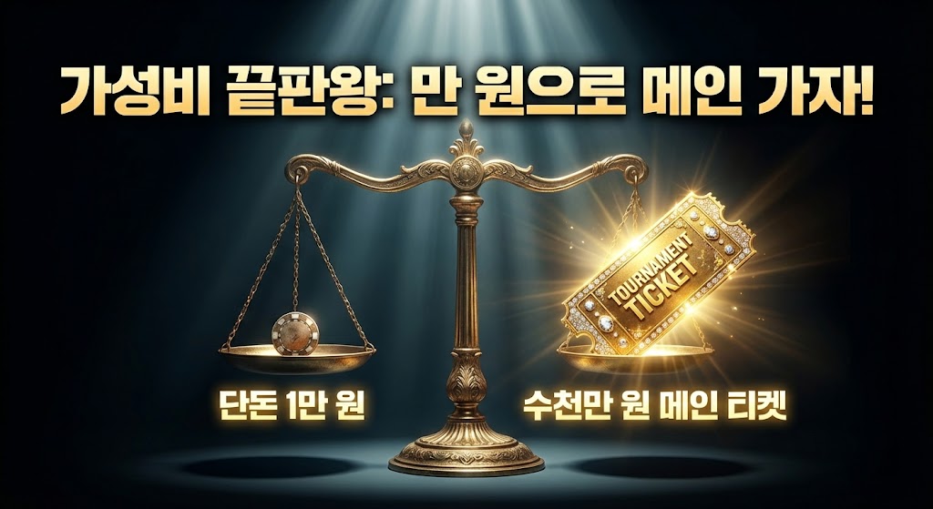 어두운 배경 속 스포트라이트를 받는 저울의 한쪽에는 작은 1만 원 칩이, 반대쪽에는 화려한 황금색 토너먼트 티켓이 올려져 균형을 이루거나 가치를 비교하는 모습. 상단에는 "가성비 끝판왕: 만 원으로 메인 가자!"라는 텍스트가 강조됨.