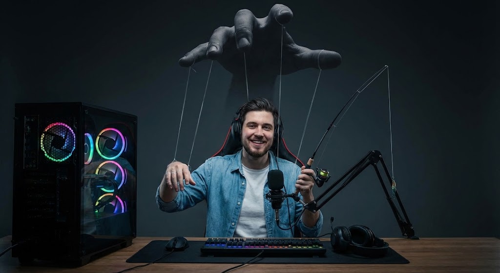 고사양 PC와 마이크가 세팅된 어두운 방송실에서 밝게 웃고 있는 남성 스트리머의 모습. 하지만 그의 몸에는 투명한 실이 연결되어 있고, 배경의 그림자 속 거대한 손이 그를 조종하고 있다. 스트리머는 양손에 낚싯대를 쥐고 있어 시청자를 기만하는 이중적인 모습을 암시한다.