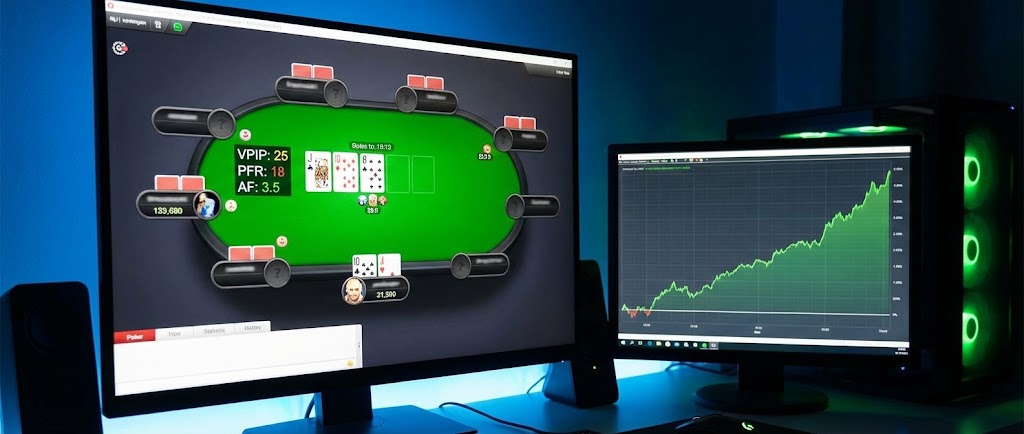 온라인 포커 듀얼 모니터 셋업 화면. 왼쪽 모니터에는 VPIP, PFR, AF 등 실시간 HUD 통계가 오버레이 된 포커 테이블이 보이고, 오른쪽 모니터에는 우상향하는 포커 수익 그래프가 띄워져 있다.