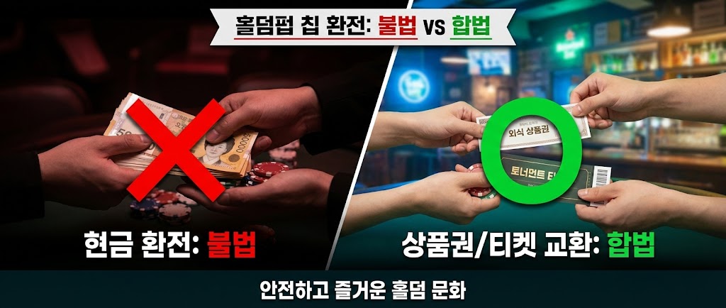 홀덤펍 칩 환전 규정 비교 배너. 왼쪽은 칩을 5만원권 현금으로 환전하는 불법 행위에 붉은색 X 표시를 했고, 오른쪽은 칩을 외식 상품권이나 토너먼트 티켓으로 교환하는 합법 행위에 초록색 O 표시를 하여 대조적으로 보여줌.