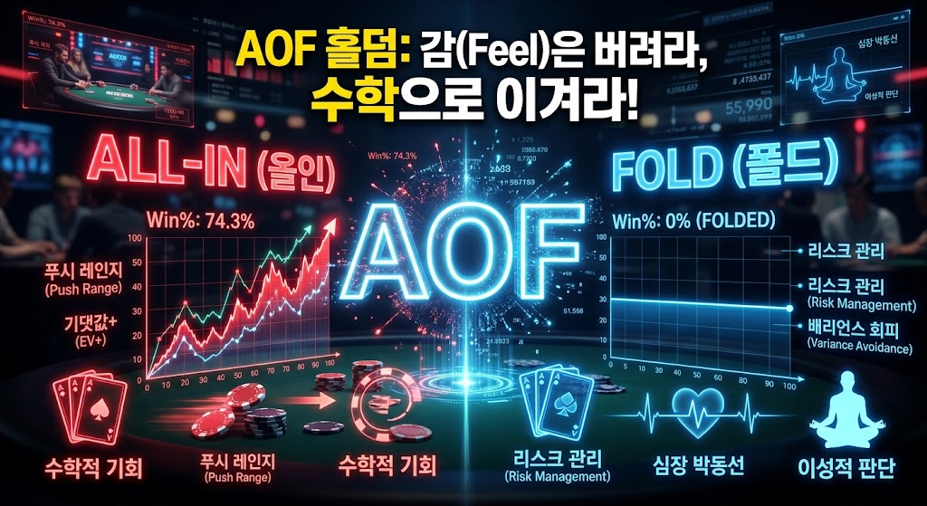 "어두운 배경에 'AOF' 홀로그램이 빛나는 AOF 홀덤 데이터 분석 이미지. 화면은 두 갈래로 나뉘어 왼쪽 붉은색 섹션은 'ALL-IN (올인)'과 수학적 기회(Win% 74.3%)를, 오른쪽 푸른색 섹션은 'FOLD (폴드)'와 이성적 판단(리스크 관리, 배리언스 회피)을 보여줍니다. 중앙 상단에 'AOF 홀덤: 감(Feel)은 버려라, 수학으로 이겨라!'라는 큰 한글 텍스트가 있습니다."