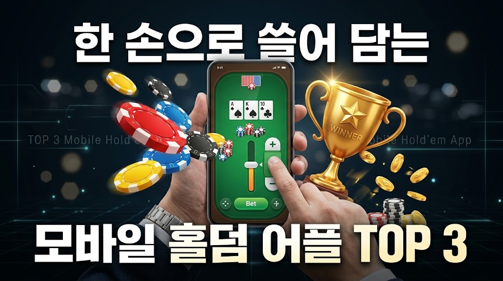 스마트폰으로 세로형 모바일 홀덤 어플의 베팅 슬라이더를 한 손으로 조작하는 모습. 화면 주위로 화려한 카지노 칩, 금화, 우승 트로피가 쏟아져 나오며 상하단에 '한 손으로 쓸어 담는 모바일 홀덤 어플 TOP 3' 텍스트가 적힌 3D 그래픽 이미지.