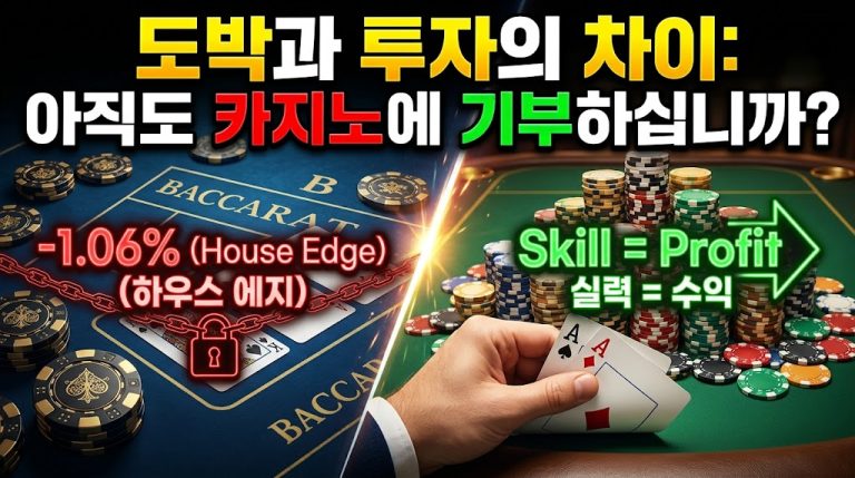 도박과 투자의 차이를 분석한 카지노 인포그래픽. 좌측은 푸른 바카라 테이블 위로 붉은 사슬과 자물쇠가 묶인 채 '-1.06% (House Edge) (하우스 에지)'라는 불리한 확률을 보여주며 도박의 한계를 경고. 우측은 A 스페이드, A 다이아몬드(AA 에어라인) 핸드를 쥐고 산처럼 쌓인 칩 앞에서 'Skill = Profit (실력 = 수익)'을 증명하는 텍사스 홀덤의 투자적 관점을 시각화. 상단에 "도박과 투자의 차이: 아직도 카지노에 기부하십니까?" 텍스트 포함.