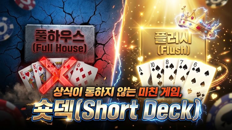 "숏덱 포커(Short Deck Poker)의 '족보 파괴'를 시각화한 고해상도 대조 썸네일. 이미지의 왼쪽 섹션은 어두운 파란색 톤으로, 'K-K-K-8-8' 풀하우스(Full House) 패가 거대한 빨간색 'X' 표시와 어두운 그림자에 가려져 패배를 상징한다. 반면, 오른쪽 섹션은 화려한 금색 톤으로, 'A♠-10♠-8♠-7♠-6♠' 플러시(Flush) 패가 화려한 빛과 Particle 효과 속에 빛나며 빛나는 왕관이 씌워져 승리를 상징한다. 상단 왼쪽에는 한국어 텍스트로 '풀하우스 (Full House)', 상단 오른쪽에는 '플러시 (Flush)'가, 중앙 오버레이에는 '상식이 통하지 않는 미친 게임, 숏덱(Short Deck)'이라는 역동적인 텍스트가 배치되어 있다. 양쪽 배경에는 포커 칩이 흩어져 있다."