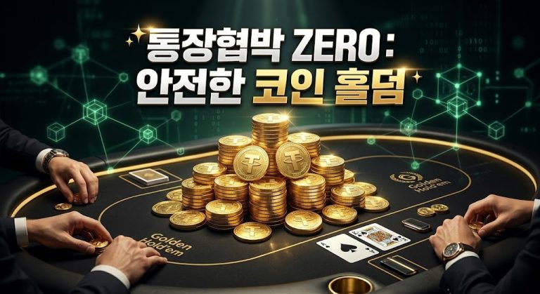 "고급스러운 'Golden Hold'em' 포커 테이블 중앙에 테더(USDT) 로고가 새겨진 대형 황금 코인 탑이 쌓여 있고, 수트를 입은 플레이어들이 에이스 카드 두 장을 배경으로 앉아 있습니다. 상단에는 '통장협박 ZERO: 안전한 코인 홀덤'이라는 크고 선명한 텍스트가 블록체인 네트워크 배경과 함께 배치되어 있습니다."